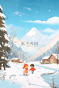 穿着红色的衣服插画图片_冬天可爱的孩子插画打雪仗手绘