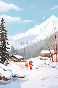 穿着红色的衣服插画图片_插画冬天可爱的孩子打雪仗手绘