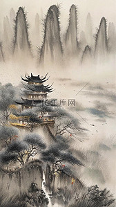 烟雨楼台插画图片_中国风刺绣肌理烟雨楼台插画