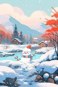 冬天可爱的雪人插画图片_雪景冬天可爱的雪人小溪手绘插画