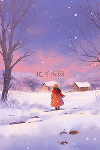 红色蝴蝶结插画图片_手绘插画冬天唯美雪景海报