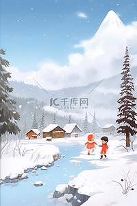 穿着红色的衣服插画图片_手绘插画冬天可爱的孩子打雪仗