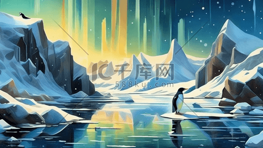 北极企鹅插画图片_动物北极熊企鹅极地北极南极雪景月亮插画设计