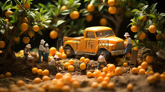 采摘橙子果园小人微距场景2原创插画