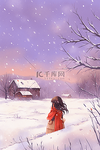 红色蝴蝶结插画图片_冬天手绘唯美雪景插画海报