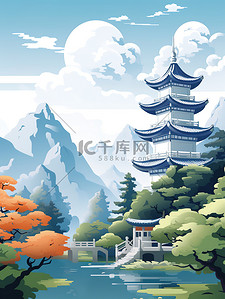 风中纸插画图片_中国风建筑庭院景观剪纸艺术11插画