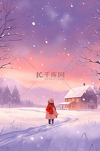 黄色的蝴蝶结插画图片_唯美雪景手绘冬天插画海报