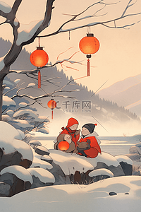 冬天孩子赏雪新年手绘插画海报