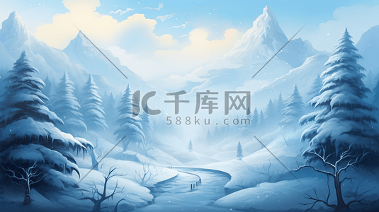 冰雪运动海报卡通插画图片_冬季郊外林间冰雪美景