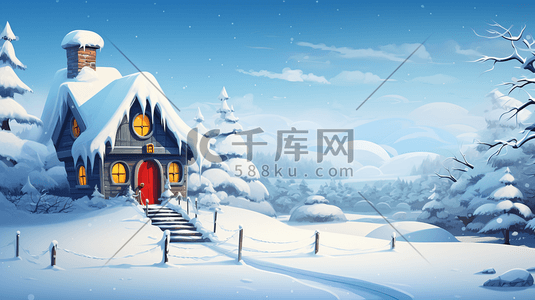 冰雪覆盖插画图片_冬季冰雪覆盖的小屋