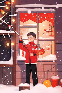 新年放鞭炮的插画图片_新年放鞭炮冬天男孩手绘插画