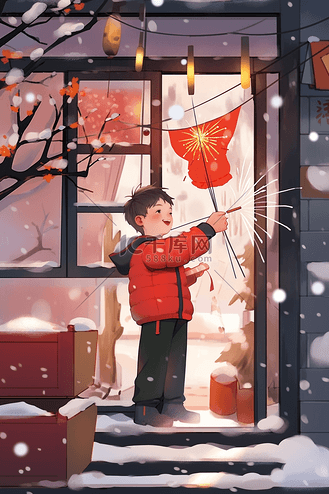 冬天男孩放鞭炮新年手绘插画