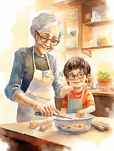 跟着老奶奶学习做饭的小孩子插画9