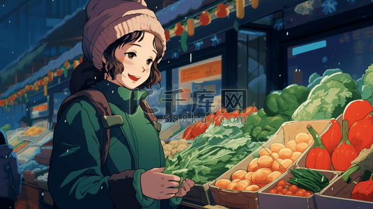 穿着绿色大衣逛菜市场的女士插画7