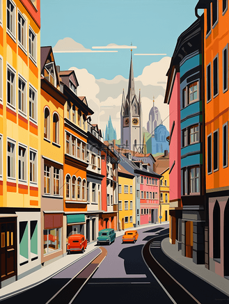 彩色城市建筑街景风景光影插画41