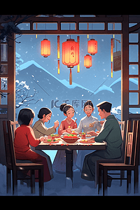 雪下灯笼插画图片_新年手绘一家人插画团聚团圆