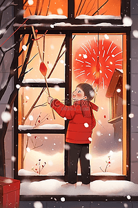 新年放鞭炮的插画图片_新年冬天男孩放鞭炮插画手绘