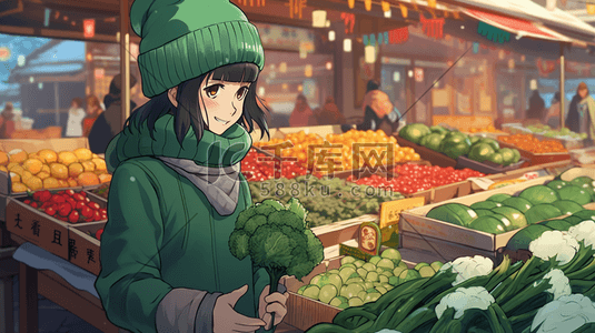 穿着绿色大衣逛菜市场的女士插画3