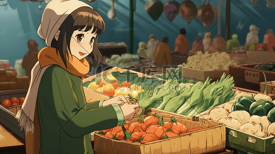 穿着绿色大衣逛菜市场的女士插画10