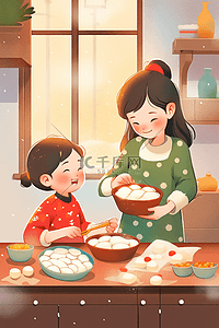 红色和绿色插画图片_海报新年母女包饺子手绘插画