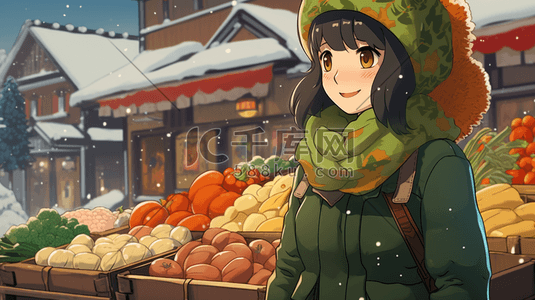 穿着绿色大衣逛菜市场的女士插画11