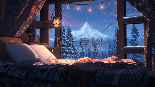 冬季温暖卧室床铺插画3