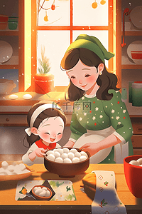 饺子海报插画图片_新年母女包饺子海报手绘插画
