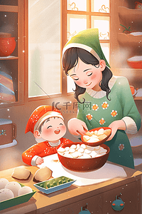 红色和绿色插画图片_新年海报母女包饺子手绘插画