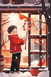 新年放鞭炮的插画图片_冬天男孩新年放鞭炮手绘插画