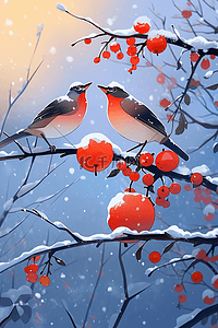 迎新年冬天杜鹃鸟手绘插画