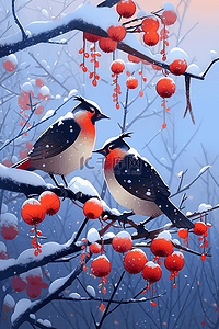 杜鹃鸟冬天迎新年手绘插画