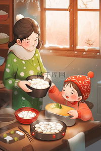 母女包饺子新年手绘插画海报