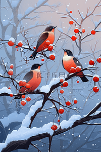 杜鹃鸟迎新年冬天手绘插画