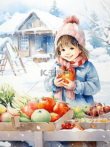 三明治摆摊卡通插画图片_冬季摆摊卖水果蔬菜的女孩插画15