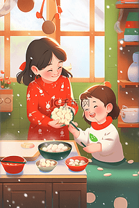 红色和绿色插画图片_新年母女包饺子手绘插画海报