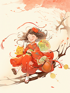 福娃插画图片_红色中国风春节喜庆女孩插画23