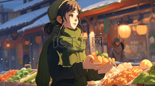 绿色购物插画图片_穿着绿色大衣逛菜市场的女士插画2