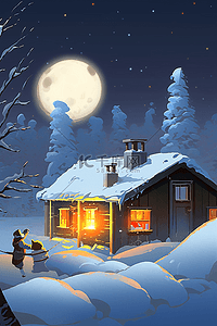 冬天手绘白雪皑皑屋子插画海报