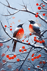 冬天插画杜鹃鸟迎新年手绘