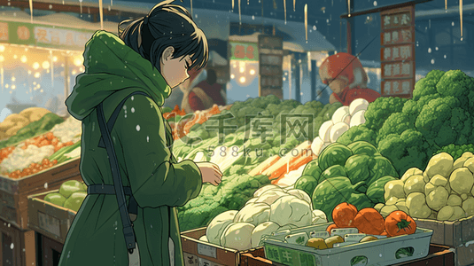 大衣插画图片_穿着绿色大衣逛菜市场的女士插画8