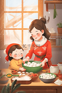 新年母女包饺子插画手绘海报