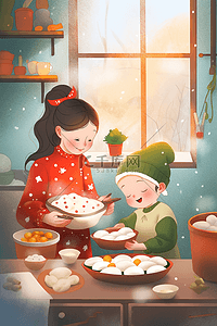 红色和绿色插画图片_母女包饺子手绘插画海报新年