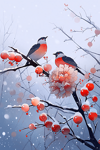 杜鹃鸟迎新年手绘插画冬天