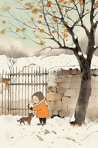 几片树叶插画图片_冬天年画孩子玩耍手绘新年插画