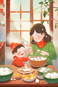新年母女插画海报包饺子手绘