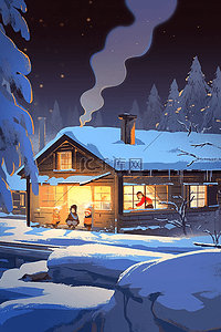 冬天白雪皑皑屋子插画手绘海报