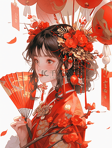 福娃插画图片_红色中国风春节喜庆女孩插画10