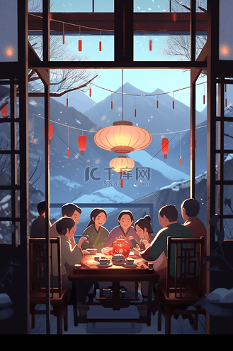 一家人团聚手绘图片素材_插画新年一家人手绘团聚团圆