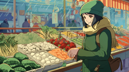 穿着绿色大衣逛菜市场的女士插画4