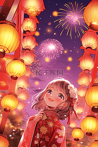 新年女孩冬天烟花手绘插画灯笼